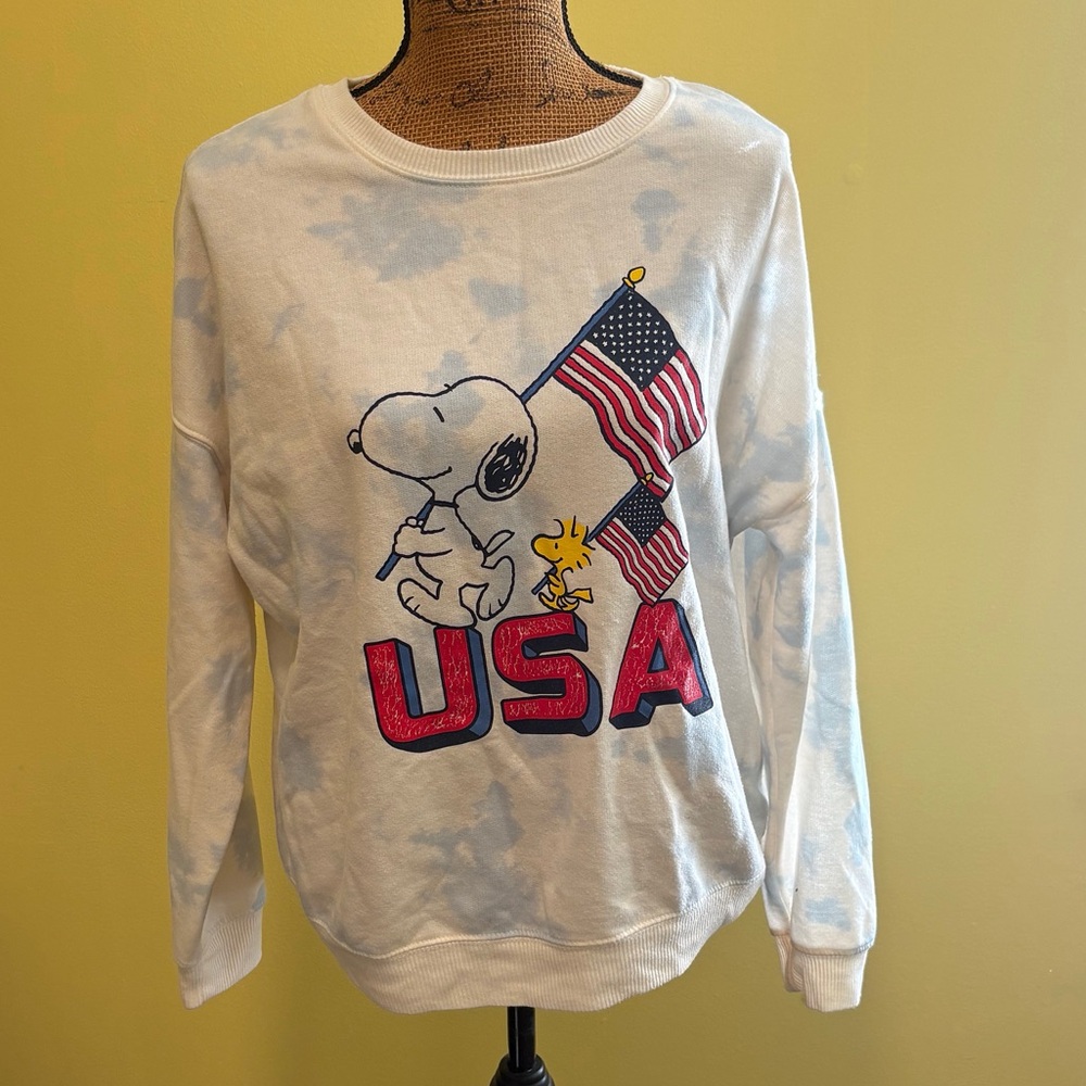 Snoopy USA Flag Tie-Dye Sweatshirt - White/Light Blue